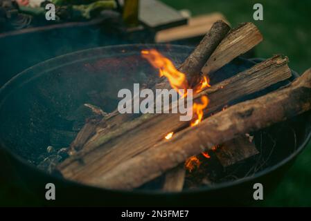 Il braciere fumante di una forma rotonda. La legna da ardere si illumina nel braciere sullo sfondo di erba verde. Il concetto di pic-nic, relax, grill Foto Stock