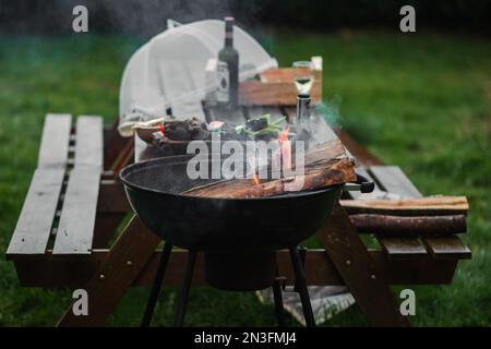 Il braciere fumante di una forma rotonda. La legna da ardere si accende nel braciere sullo sfondo di un tavolo e sedie. Il concetto di pic-nic, relax Foto Stock