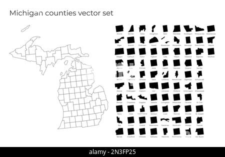 Mappa del Michigan con forme di regioni. Mappa vettoriale vuota dello Stato degli Stati Uniti con le contee. Confini dello stato degli Stati Uniti per la vostra infografica. Illustrazione Vettoriale