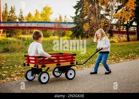 Giovane ragazza che tira il fratello in un carro in un parco cittadino lungo un fiume durante la stagione autunnale; St Albert, Alberta, Canada Foto Stock