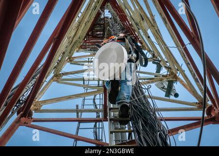 Tecnico non riconosciuto che sale su una torre di telecomunicazioni. Vista ad angolo basso. Foto Stock