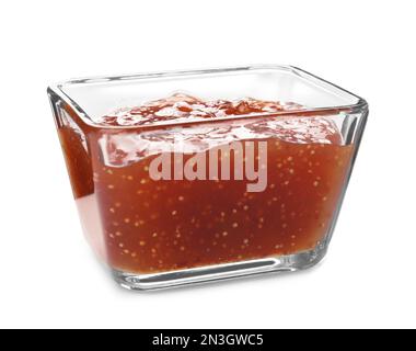 Deliziosa marmellata di fichi in ciotola di vetro isolata su bianco Foto Stock