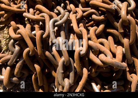 Grandi anelli a catena arrugginiti giacenti in una pila a terra; Lincoln, Nebraska, Stati Uniti d'America Foto Stock