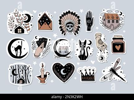 Set di disegni mistici per strega, boho sticker, tatuaggio di linea, tarocchi in vintage design. Luna con gatto, casa di foresta, cuore, mano di strega. Ve Illustrazione Vettoriale