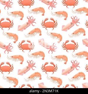 Modello senza cuciture con frutti di mare, gamberetti, calamari e granchi. Illustrazione del vettore cartoon Illustrazione Vettoriale