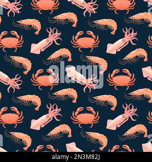 Modello senza cuciture con frutti di mare, gamberetti, calamari e granchi. Illustrazione del vettore cartoon Illustrazione Vettoriale