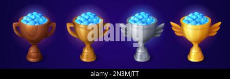 Set di coppe dei trofei dei vincitori piene di cristalli di diamante isolati sullo sfondo. Cartoni animati vettoriali illustrazione di calici di gioco a livello di premio in legno, oro, Illustrazione Vettoriale