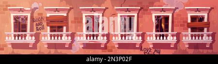 Facciata di un edificio abbandonato. Cartoni vettoriali illustrazione di vecchia casa con finestre rotte e salite, ragnatela su balconi classici, crepe e disegni graffiti su pareti di mattoni. Ghetto sfondo Illustrazione Vettoriale