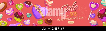 Modello banner di vendita per San Valentino. Illustrazione contemporanea del vettore cartoon di conversazione di cuore caramelle, dolci, lollipop, scatola regalo decorata con nastro su sfondo rosa. Progettazione della landing page Illustrazione Vettoriale