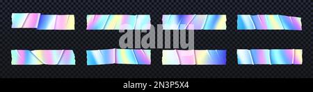 Nastro adesivo olografico iridescente con texture stropicciate, arcobaleno perlescente o unicorno sfocato sticky scotch con colori pastello tenui, strisce vettoriali incollate con sfumatura o effetto neon ombre Illustrazione Vettoriale
