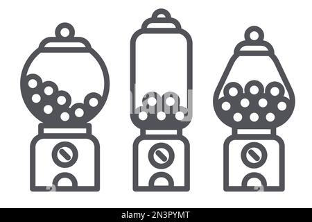 Set di icone linea macchina Gumball. Distributore automatico retrò per caramelle e bubblegumi. Illustrazione del vettore di slot dei dolci isolato su sfondo bianco Illustrazione Vettoriale