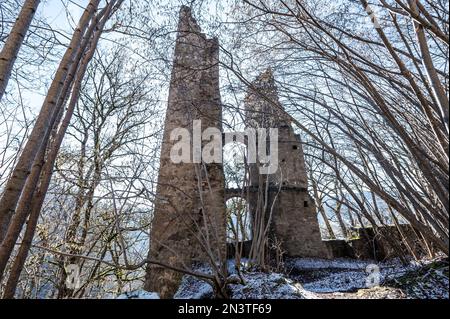 Rottweil, Germania. 07th Feb, 2023. Le rovine del Castello di Neckarburg vicino a Rottweil nella luce del mattino. Credit: Silas Stein/dpa/Alamy Live News Foto Stock