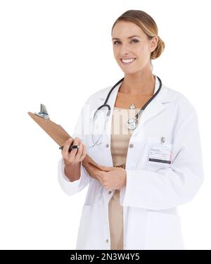 Shes un grande medico. Una donna attraente medico in possesso di un clipboard - isolato. Foto Stock