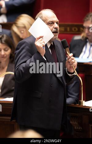 Il Ministro della Giustizia francese Eric Dupont-Moretti partecipa a una sessione di interrogazioni rivolte al Governo presso l'Assemblea Nazionale francese, il 07 febbraio 2023 a Parigi, Francia. Foto di David Niviere/ABACAPRESS.COM Foto Stock