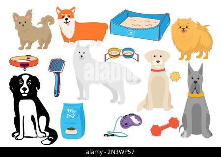 Collezione cani. Illustrazione vettoriale di divertente cartone animato razze diverse cani in stile piatto alla moda. Isolato su bianco Illustrazione Vettoriale