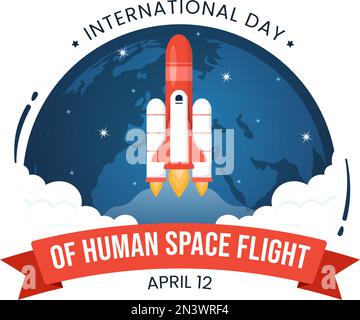 Giornata internazionale del volo nello spazio umano il 12 aprile Illustrazione con l'astronauta di Rocket and Kids in Cartoon piano disegnato a mano per i modelli della landing page Illustrazione Vettoriale