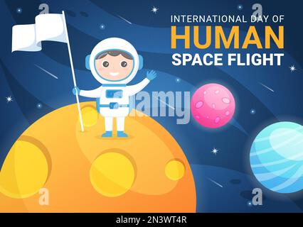 Giornata internazionale del volo nello spazio umano il 12 aprile Illustrazione con l'astronauta di Rocket and Kids in Cartoon piano disegnato a mano per i modelli della landing page Illustrazione Vettoriale