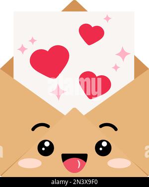 Carino carattere busta mestiere con lettera d'amore e cuori icona vettore. Illustrazione Vettoriale