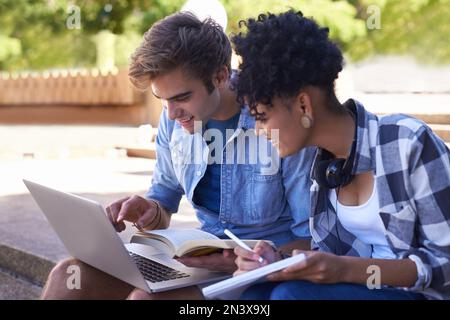 Guarda quello che ho trovato. due studenti universitari che studiano insieme nel campus. Foto Stock