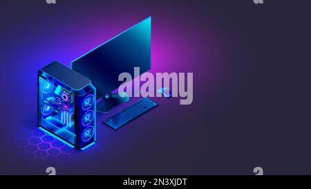 Il computer per PC da gioco si illuminerà al buio. Illustrazione isometrica del moderno case, monitor, tastiera, su desktop. PC fisso per videogiochi. Lig. Neon Illustrazione Vettoriale