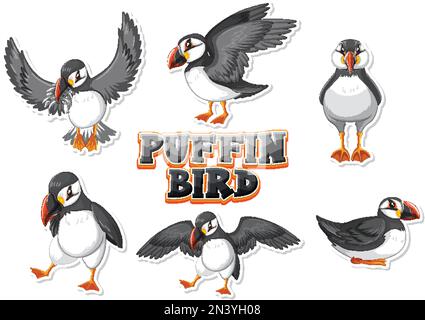 Set di puffin uccello personaggio cartone animato in diverse pose illustrazione Illustrazione Vettoriale