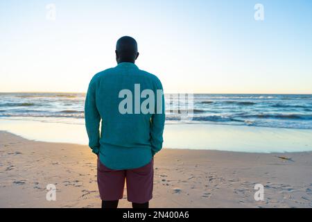 Vista posteriore dell'uomo anziano afro-americano che guarda il mare contro il cielo limpido mentre si trova in spiaggia. Crepuscolo, spazio copia, pensione, scenico, inalterato, li Foto Stock