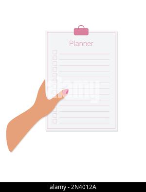 La mano della donna tiene la compressa di carta con il rivestimento rosa di Planner per le note, isolato, sfondo bianco. Illustrazione vettoriale Illustrazione Vettoriale