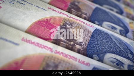 Illustrazione 3D Georgian Lari Money Printing. Stampa di banconote IN GEL. Concetto di finanza, cassa, crisi economica, successo commerciale, recessione, banca, tasse e. Foto Stock