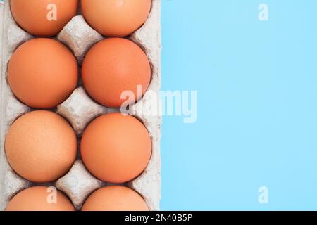 Le uova di pollo biologiche in una scatola di riciclaggio ecologica sono isolate su sfondo blu. Spazio di copia Foto Stock