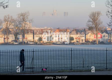 Un proprietario di animali domestici cammina attraverso le case edoardiane che confinano con Ruskin Park e la nebbia mattutina oscura parzialmente le proprietà residenziali di alto livello in lontananza a. Foto Stock