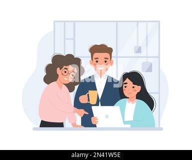 Impiegati a riunioni, conversazioni aziendali o presentazioni, che discutono idee in team. Caratteri maschili e femminili, illustrazione del concetto vettoriale nella Illustrazione Vettoriale