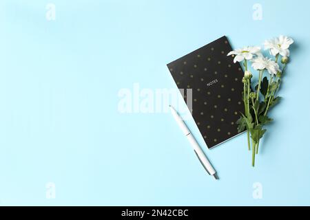 Cancelleria diversa scuola e bellissimi fiori bianchi su sfondo azzurro, piatto con spazio per il testo. Buon giorno dell'insegnante Foto Stock