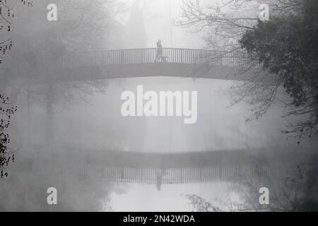 Chippenham, Wiltshire, Regno Unito. 8 febbraio 2023. Poiché il freddo inverno nebbioso colpisce molte parti del Regno Unito, una donna che cammina con un cane è ritratta camminando attraverso un ponte sul fiume Avon a Chippenham, Wiltshire. Crediti: Lynchpics/Alamy Live News Foto Stock