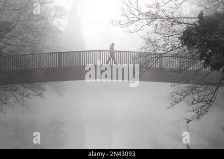 Chippenham, Wiltshire, Regno Unito. 8 febbraio 2023. Poiché il freddo inverno nebbioso colpisce molte parti del Regno Unito, un uomo è ritratto a camminare attraverso un ponte sul fiume Avon a Chippenham, Wiltshire. Crediti: Lynchpics/Alamy Live News Foto Stock