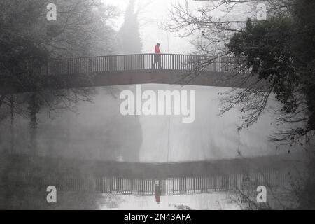 Chippenham, Wiltshire, Regno Unito. 8 febbraio 2023. Poiché il freddo inverno nebbioso colpisce molte parti del Regno Unito, un uomo è ritratto a camminare attraverso un ponte sul fiume Avon a Chippenham, Wiltshire. Crediti: Lynchpics/Alamy Live News Foto Stock