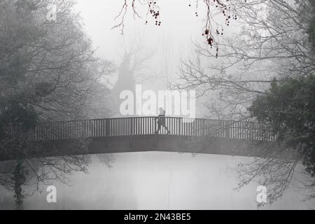 Chippenham, Wiltshire, Regno Unito. 8 febbraio 2023. Poiché il freddo inverno nebbioso colpisce molte parti del Regno Unito, una donna è ritratta camminando attraverso un ponte sul fiume Avon a Chippenham, Wiltshire. Crediti: Lynchpics/Alamy Live News Foto Stock