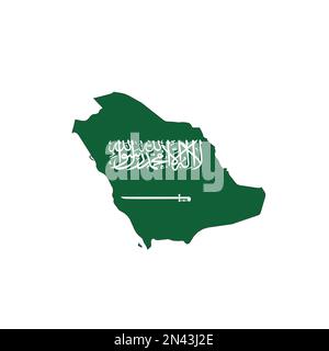 Arabia Saudita - bandiera nazionale in una forma di mappa del paese silhouette con sottile contorno nero. Semplice icona del vettore piatto. Illustrazione Vettoriale