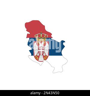 Serbia - bandiera nazionale a forma di mappa del paese silhouette con sottile contorno nero. Semplice icona del vettore piatto. Illustrazione Vettoriale