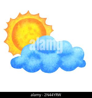 Sole e cloud. Icone per le previsioni meteo sul Web o sul widget. Stile per bambini. Illustrazione di acquerello disegnata a mano isolata su sfondo bianco. Foto Stock