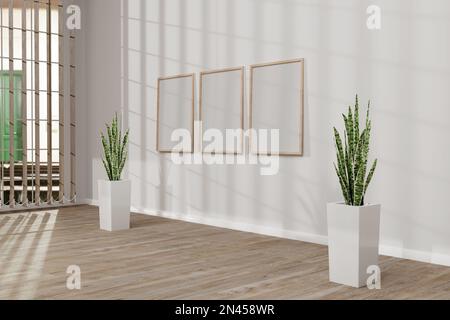 Camera interna con tre grandi cornici in legno. illustrazione 3d Foto Stock