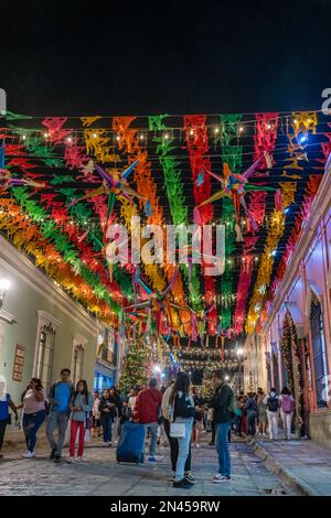 La folla festeggia la stagione natalizia sotto le decorazioni su Calle Macedonio Alcala di notte nella storica Oaxaca, Messico. Foto Stock