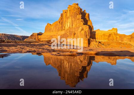 La formazione di arenaria dell'entrada si riflette in una piscina di acqua piovana nel Parco Nazionale di Arches, Moab, Utah. Questa formazione forma anche la parete sud-ovest di P. Foto Stock