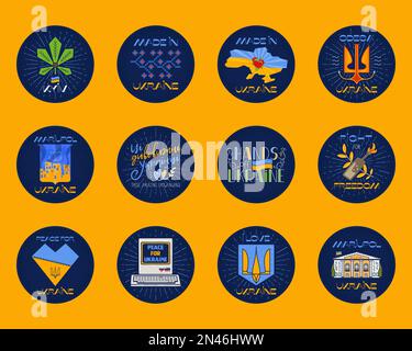 Realizzato in Ucraina badge design con diversi elementi e detti. Etichetta Ucraina. Stemma vettoriale isolato su sfondo giallo Illustrazione Vettoriale