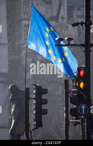 Londra, Regno Unito - febbraio 8th 2023: I manifestanti anti anti della Brexit battono la bandiera dell’UE di fronte a Parliament Square mentre il presidente Volodymyr Zelensky fa la sua prima visita nel Regno Unito dopo l’invasione russa. Credit: Sinai Noor/Alamy live news (solo per uso editoriale) Foto Stock