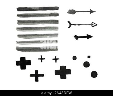 Set di elementi neri grunge disegnati a mano per il design. Linee, punti, frecce, croci su sfondo bianco. Template, clip art Foto Stock