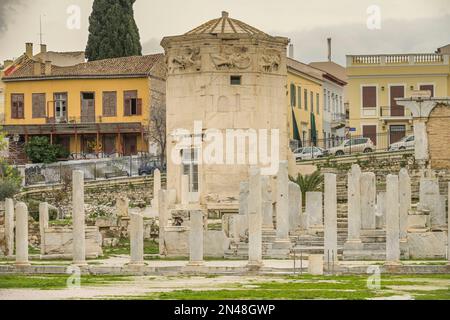 Rete von Säulengängen, Horologion des Andronikos, Römische Agora, Athen, Griechenland Foto Stock