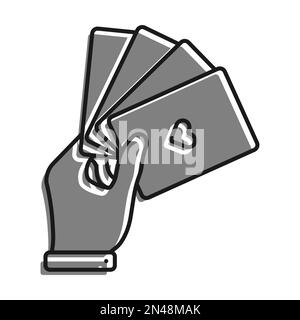 Icona lineare riempita con colore grigio. Carte da gioco in mano. Poker di gioco professionale in Casino. Semplice vettore bianco e nero isolato su bianco b Illustrazione Vettoriale