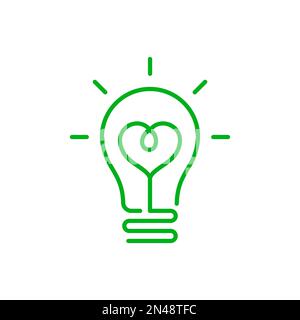 Lampadina verde con cuore all'interno. Energia sostenibile. Generazione di energia ecologica. Conservazione ambientale. Elettricità ecologica. Vettore Illustrazione Vettoriale