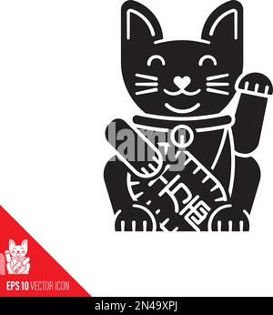 Giapponese Lucky Cat Maneki-Neko vettore glyph icon.Text on medal si traduce in 10 milioni di ryu, una vecchia unità di valuta Illustrazione Vettoriale