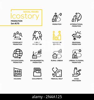 Assistenza per la migrazione internazionale - set di icone di stile design di linea Illustrazione Vettoriale